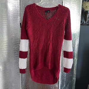 Brand: Ultra Flirt, cranberry and white high low sweater, size M